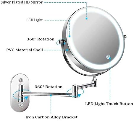 LIANXIAO - Falra Szerelhető Smink Tükör 5X Nagyítás Kétoldalas LED Touch Fényerő 360° Forgatható Kiterjesztése Meghajtású,