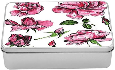 Ambesonne Virágos Dobozban, Kerti Virágok, Rózsák Rügyek, Levelek Kézzel Rajzolt Vázlatos Kép, Művészet, Hordozható Téglalap