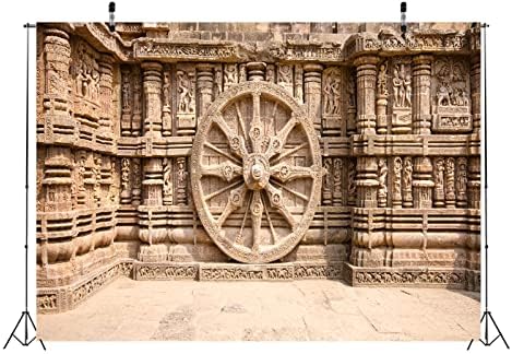 BELECO 7x5ft Szövet Nap-szentély Indiai Hátteret Ősi Indiai Templomi Történelmi Faragás Épületek Szekér Kereke Hindu Vallás