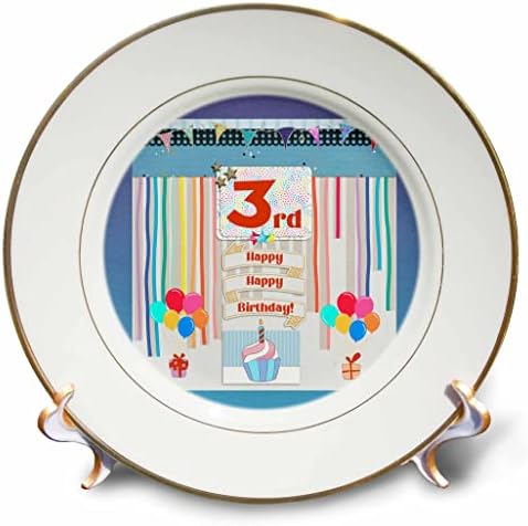 3dRose Kép 3. Születésnapi Tag, Cupcake, Gyertya, Lufi, Ajándékok, Szerpentin, Lemezek (cp_359163_1)