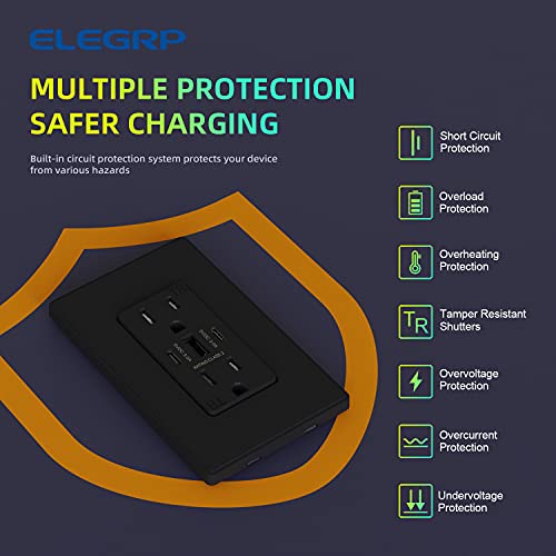 ELEGRP 30W 6.0 Erősítő 3-Port USB-Aljzatba, 15A Aljzat Kettős USB Típus C & A Típusú Port, USB Töltő iPhone/iPad/Samsung/LG/HTC/Android