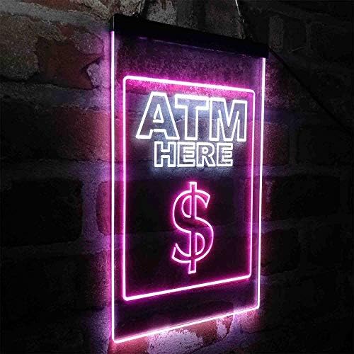 ADVPRO ATM-Itt a Pénz Jel kétszínű LED Neon Sign Fehér & Lila 16 x 24 Cm st6s46-i3994-wp