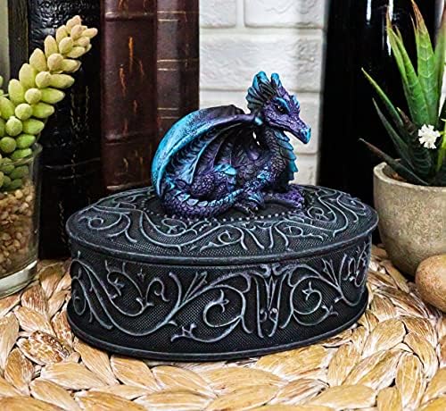 Ebros Középkori Fantasy Fióka Twilight Blue Dragon Lankadt Dekoratív Ovális Csecsebecsét Doboz Figura Szőlővel Hálóba Dungeons