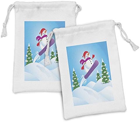 Lunarable Hóember Szövet táska 2, Rajzfilm Illusztráció egy Hóember Lovaglás Snowboard a Hegyekben Karácsonyi Téma, Kis Zsinórral