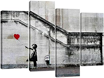 Pyradecor Banksy Grafitti Lány Piros Léggömb Nagy, 4 Panelek Modern, Feszített Vászon, Nyomatok Mű, Szürke Szeretet Képek