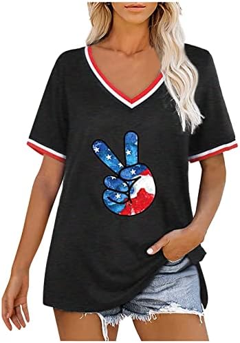 Amerikai Zászló Napraforgó Pólók Női USA póló, Rövid Ujjú, V-Nyak 4. július Hazafias Maximum Függetlenség Napja Tees