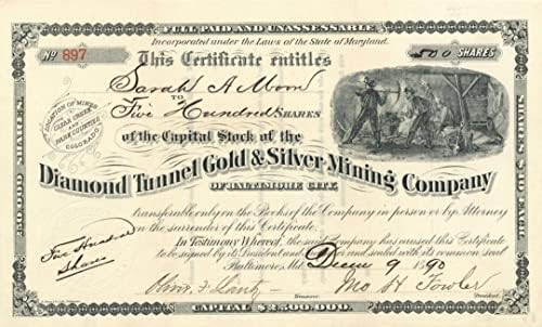 Gyémánt Alagút Arany, Ezüst Bányászati Co. a Baltimore-i - Raktáron Bizonyítvány
