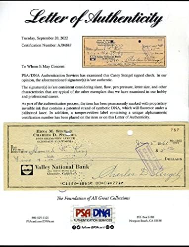 Casey Stengel PSA DNS-Coa Aláírt 1961 Ellenőrizze Autogram - MLB Vágott Aláírás