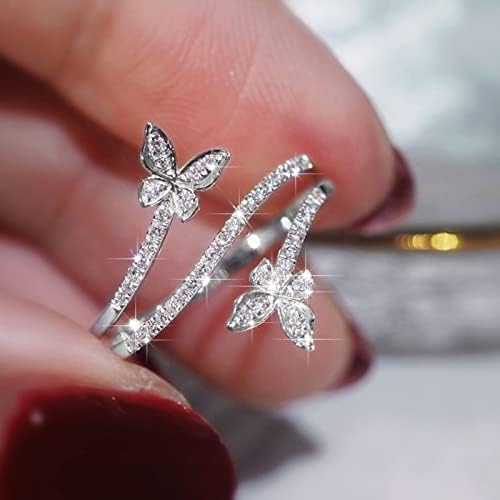 Dupla Pillangó Gyűrű Ezüst Cirkon Gyémánt Esküvői Eljegyzési Gyűrű, Ajándék, Ékszer, Női Pillangó Alakú Strasszos Gyűrű Méret