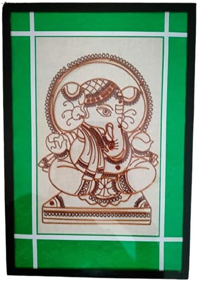 ANAMIKA Indiai Antik Kézműves Kézzel Hímzett Festmény Üveg Keret Réz Drót Ganesha (9.84x6.6.)