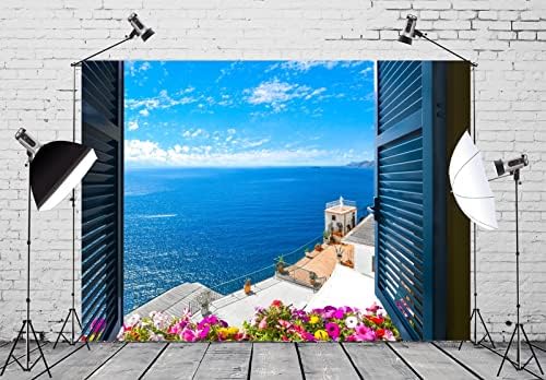 CORFOTO Szövet 10x8ft Ablak Nézet a Mediterrán Táj Háttérben Kék Tenger, a Város Virágok Ablak Parti Fotózás Hátteret Felnőtt
