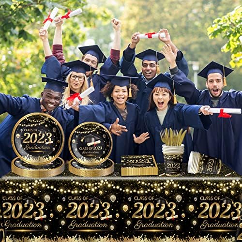 Érettségi Party Kellékek - Osztály 2023 Asztali Fekete-Arany Eldobható Érettségi Asztali Készlet, Beleértve az Érettségi