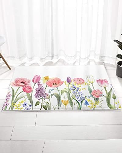 Luxus Plüss Fürdőszoba Szőnyegek Szőnyeg, Húsvéti Puha Bozontos Fürdő Szőnyeg, Rózsaszín Tulipán Lila Levendula Tavaszi Virágok