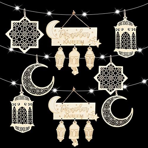 Qunclay 8 Darab Eid Ramadan Mubarak Dekoráció LED String Fények Fa Lámpás Csecsebecsék Lóg Emléktábla Alá a Díszt, majd 10ft