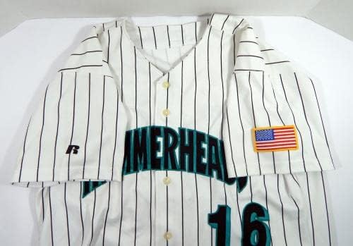 A Jupiter Pörölycápát 16 Játékban Használt Fehér Csíkos Jersey, USA Zászló Javítás 46 17 - Játék Használt MLB Mezek